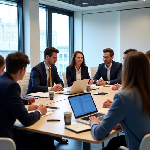 Candid shot of a diverse team collaborating in a modern boardroom.
