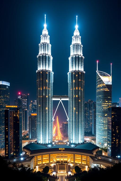 Night shot of the Petronas Towers in Kuala Lumpur.