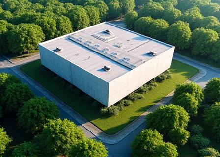 An aerial drone shot of a modern building surrounded by greenery.